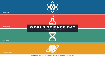 World science day poster with physics, chemistry, biology, astronomy sections © Gerald I. Mastin