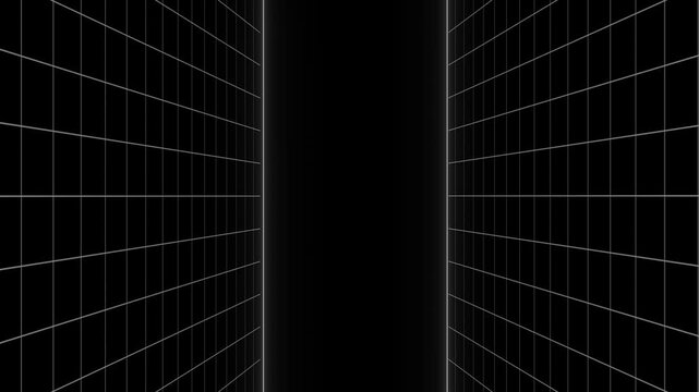 Futuristic grid tunnel lines flow endlessly on a black screen. Nostalgic arcade vibes return via this classic vector wireframe wormhole. The grid tunnel advances smoothly.
