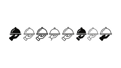 Set of waiter hand holding serving cloche food tray icons © Artist hub
