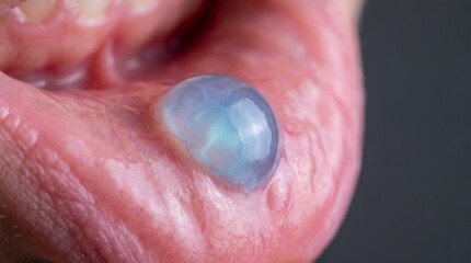 Fototapeta premium Mucocele Lip Cyst on Inner Lower Lip, Extreme Macro Close Up of Translucent Oral Mucous Retention Cyst