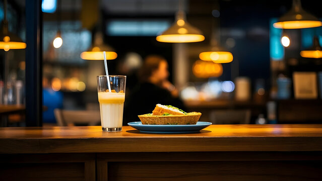 A delicious savory tart served on a blue plate next to a tall glass of creamy iced latte on a wooden counter in a cozy restaurant with warm ambient bokeh lighting in the background