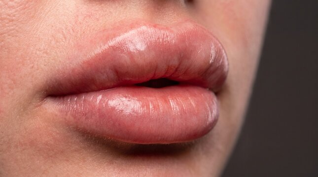 Overfilled lip filler complication, extreme macro close up of migrated dermal filler lips showing blurred vermillion border, filler nodules and unnatural lip volume
