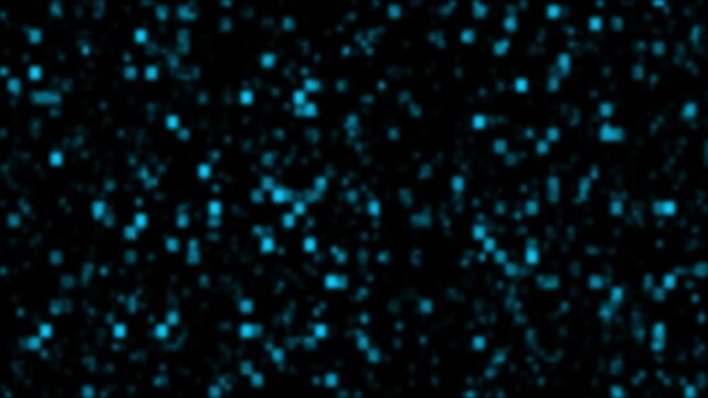 Digital noise pattern squares fill the screen with cyan color. Encryption algorithms run rapidly within this data transmission animation tool. The digital noise pattern pulses.