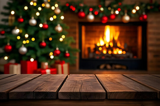 Rustic wooden table top surface with blurred Christmas background featuring a decorated tree, glowing fireplace, and wrapped gifts, perfect for holiday product display photography.