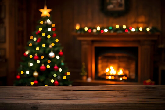 Empty Wooden Table Top with Blurred Christmas Tree and Warm Fireplace Background for Holiday Festive Product Display and Seasonal Celebration Concept Photography for Social Media Post