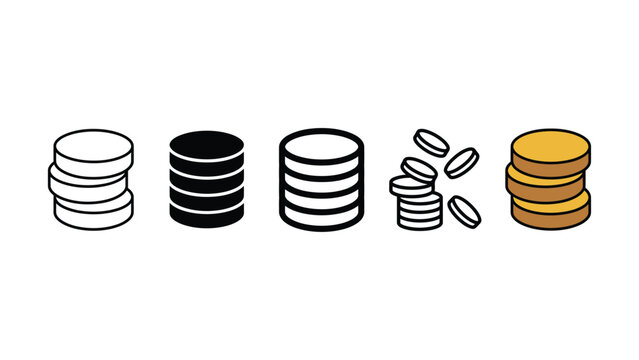 Set of diverse coin stack icons for finance and banking applications