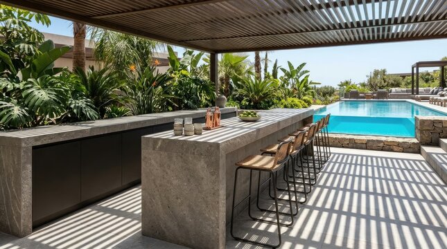 Concrete outdoor bar area next to swimming pool.