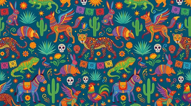 Colorful alebrije and animal seamless pattern with mexican folk motifs