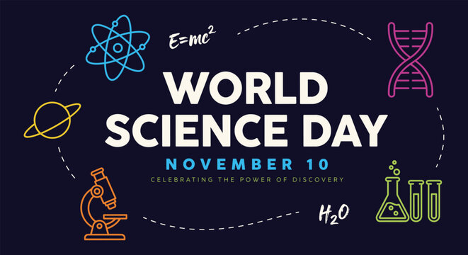 World science day poster with colorful science icons on dark blue background