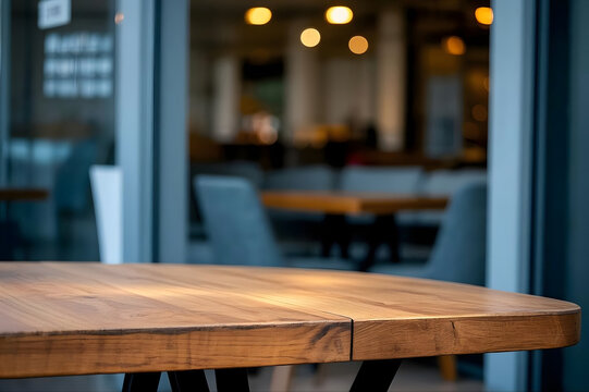Empty Wooden Table Top in a Modern Restaurant with Blurred Interior Background for Product Display and Food Presentation, High Quality Rustic Surface for Commercial Marketing Mockups
