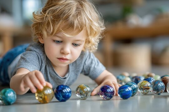 Child playing with colorful glass marbles on the floor in a bright indoor space