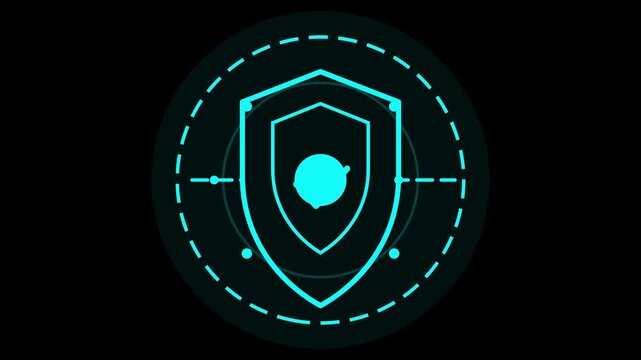 Futuristic cyan neon shield icon representing cybersecurity and data protection within a digital HUD interface on a dark black background