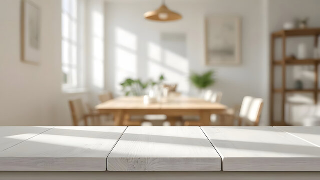 Empty white wooden table top with blurred bright dining room background for product display, mockup template for food or home interior design presentation in a minimalist home
