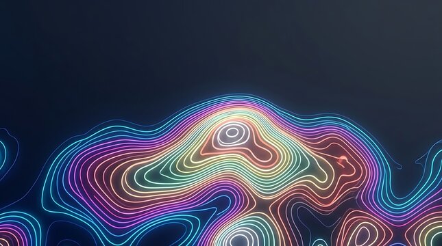 Abstract topographic map lines. Glowing neon gradient contour landscape background.
