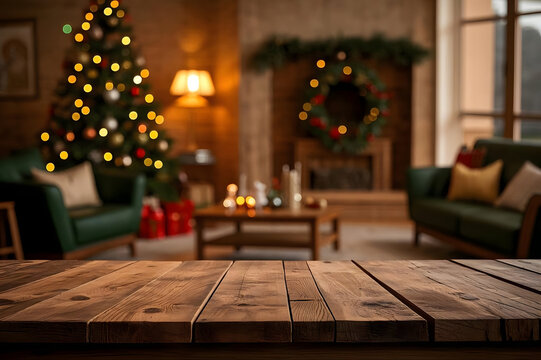 Empty rustic wooden table top with blurred cozy Christmas living room background, featuring decorated tree with lights and fireplace for holiday product display or festive seasonal mockup.