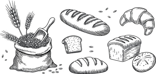 Bakery bread and wheat sack sketch collection vector illustration, hand drawn fresh organic bakery food design elements © Arif