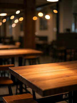 Empty Wooden Table in a Cozy Dimly Lit Restaurant with Warm Bokeh Lights Background, Perfect for Food Presentation, Product Display, or Interior Design Mockups for Cafe Spaces