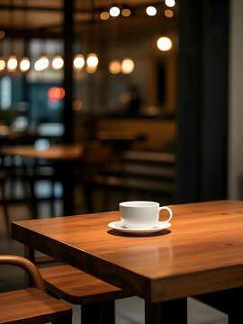 A single white ceramic coffee cup sitting on a rustic wooden table in a dimly lit, cozy cafe environment with blurred bokeh background lights creating a peaceful, relaxing atmosphere.