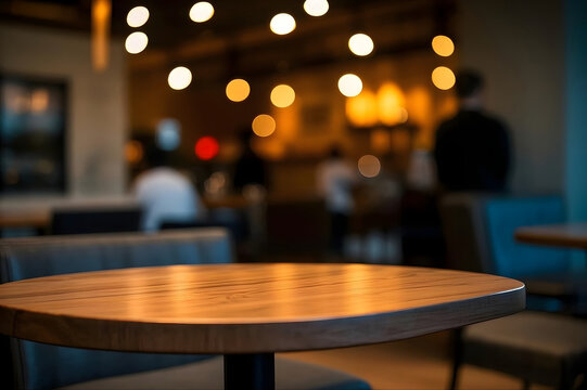 Empty Wooden Table in a Cozy Restaurant with Warm Bokeh Lighting and Blurred Background People, Perfect for Food and Drink Product Placement or Social Dining Concept Presentation