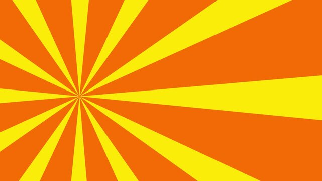 Orange sunburst background lines radiate with warm yellow rays. Retro pop art designs find their match inside this spinning vintage transition card. The sunburst background glows.