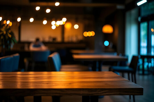 Empty Wooden Table in a Cozy Restaurant with Warm Bokeh Lighting and Blurred Background for Food or Drink Presentation, Perfect for Commercial Menu Mockups and Lifestyle Concepts