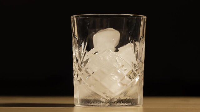 Time Lapse of Ice Cubes Melting in a Crystal Whiskey Tumbler on a Wooden Bar Table