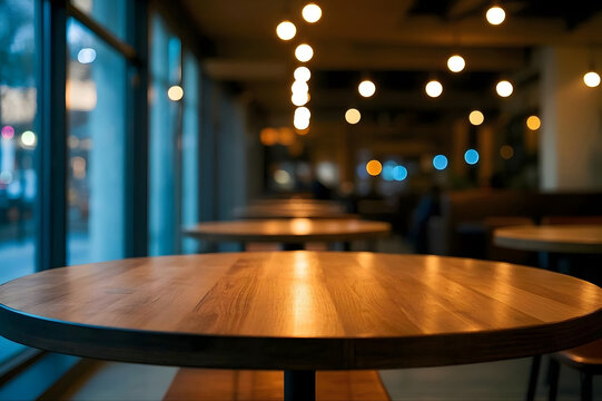 Empty Wooden Round Table in Modern Restaurant Interior with Warm Ambient Lighting and Blurred Background for Food or Drink Product Display and Commercial Dining Concept Photography