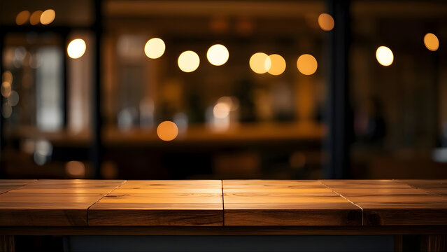Empty Wooden Table Top with Blurred Restaurant Background for Product Display, Warm Lighting Bokeh Effect, Perfect for Food Presentation, Drink Showcase, and Marketing Mockups