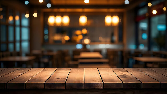 Empty Wooden Table Top in a Blurred Restaurant Interior at Night, Perfect for Product Display and Food Presentation with Warm Ambient Lighting and Bokeh Background for Commercial Use