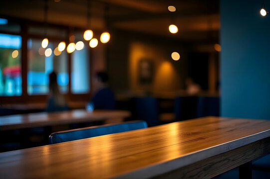 Empty Wooden Table in Modern Cafe or Restaurant Interior with Warm Blurred Bokeh Lighting and People in the Background, Perfect for Food and Drink Product Display or Mockup