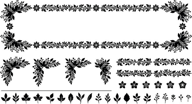 Floral border frame, corner elements, and individual leaves and flowers for design projects transparent background