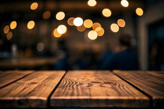 Rustic Dark Wooden Table Surface with Blurred Restaurant Background and Warm Golden Bokeh Lights, Perfect for Product Display, Food Presentation or Festive Holiday Atmosphere