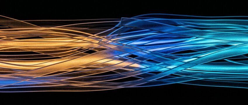 R&eacute;seau de lignes lumineuses abstraites orange et bleues