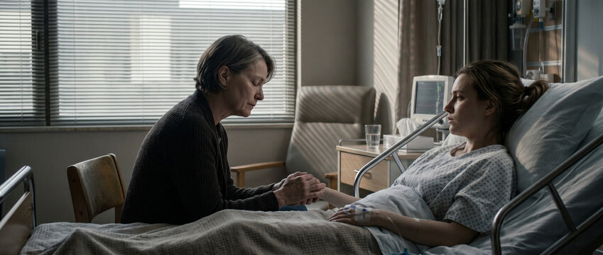 Soutien affectif et soutien m&eacute;dical pr&egrave;s du lit d'h&ocirc;pital, M&egrave;re tenant la main de sa fille alit&eacute;e &agrave; l&rsquo;h&ocirc;pital dans un moment de soutien