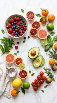 Composition &agrave; plat de fruits frais, baies, agrumes et herbes aromatiques sur marbre