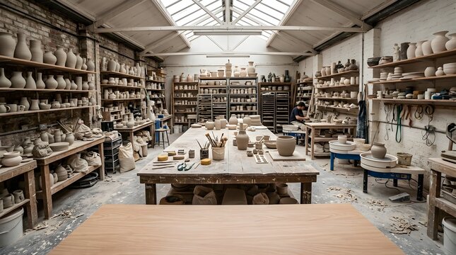 Artisan potter working on a wheel in a bright ceramic studio workshop