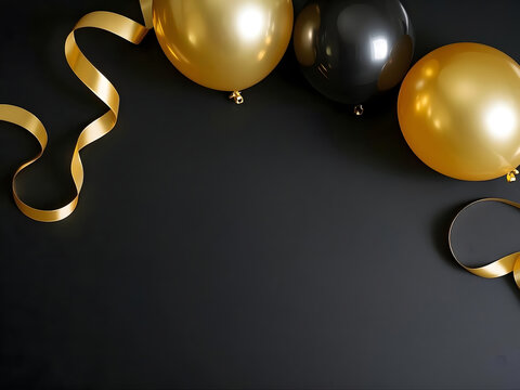 Elegant Black and Gold Party Background with Shiny Metallic Balloons and Decorative Silk Ribbons on Dark Surface, Perfect for New Year Eve, Birthday Celebration or Anniversary