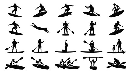 Fototapeta premium People engaging in water sports, including surfing, paddleboarding, and kayaking activities.
