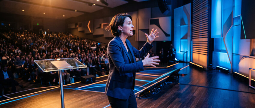 Femme d&rsquo;affaires ou politicienne donnant une conf&eacute;rence devant un public