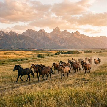 Troupeau de chevaux galopant dans la plaine au coucher du soleil