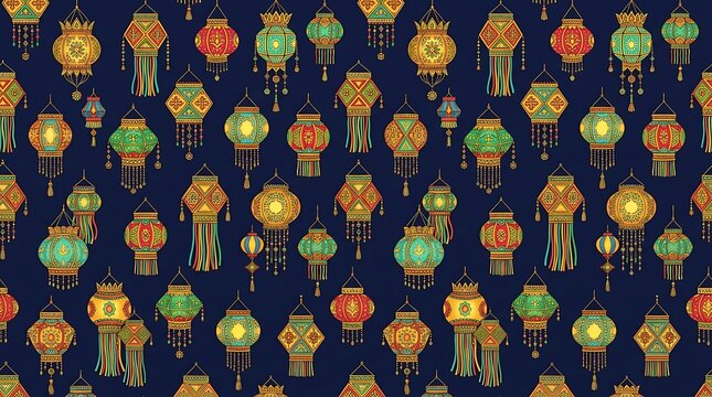 Traditional colorful diwali lanterns pattern on dark background