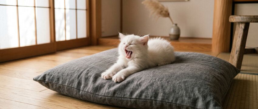 Chaton blanc qui b&acirc;ille sur un coussin