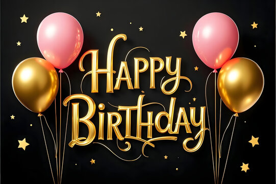 Elegant Happy Birthday Greeting Card Design with Luxurious 3D Gold Typography Text, Shiny Pink and Golden Balloons, and Sparkling Stars on a Sophisticated Matte Black Background Backdrop