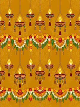 Festive diwali background with hanging lamps and flower garlands