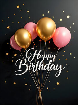 Elegant Happy Birthday Greeting Card Design Featuring Shiny Metallic Gold and Soft Pink Balloons on a Dark Background with Floating Gold Stars and Confetti for Celebration Invitations