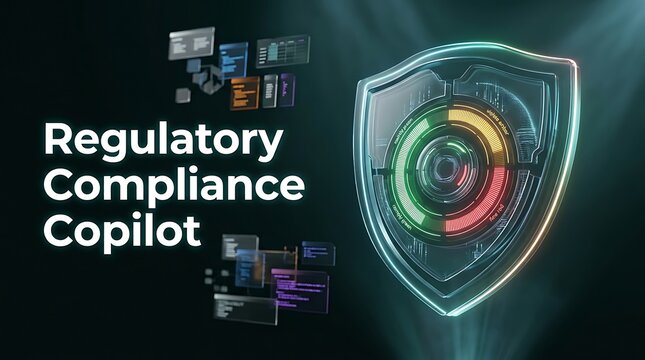 Regulatory compliance copilot scanning holographic data shield. AI-driven cybersecurity audit analyzing digital protection layers in real-time.