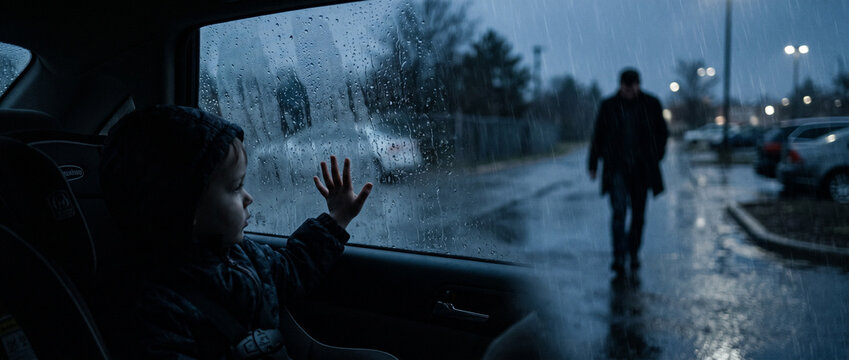 Enfant triste regardant par la vitre mouill&eacute;e d'une voiture un homme s'&eacute;loigner sous la pluie