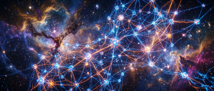 R&eacute;seau de donn&eacute;es et connexions neuronales lumineuses sur fond de galaxie