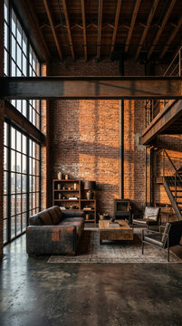 Grand salon de style loft industriel avec canap&eacute; en cuir et verri&egrave;re