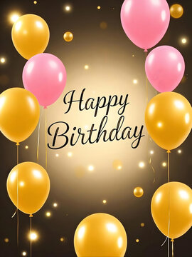 Elegant Happy Birthday Greeting Card Background with Shiny Gold and Pink Balloons, Festive Bokeh Lights and Glowing Particles, Luxury Celebration Backdrop for Party Invitation Poster Design